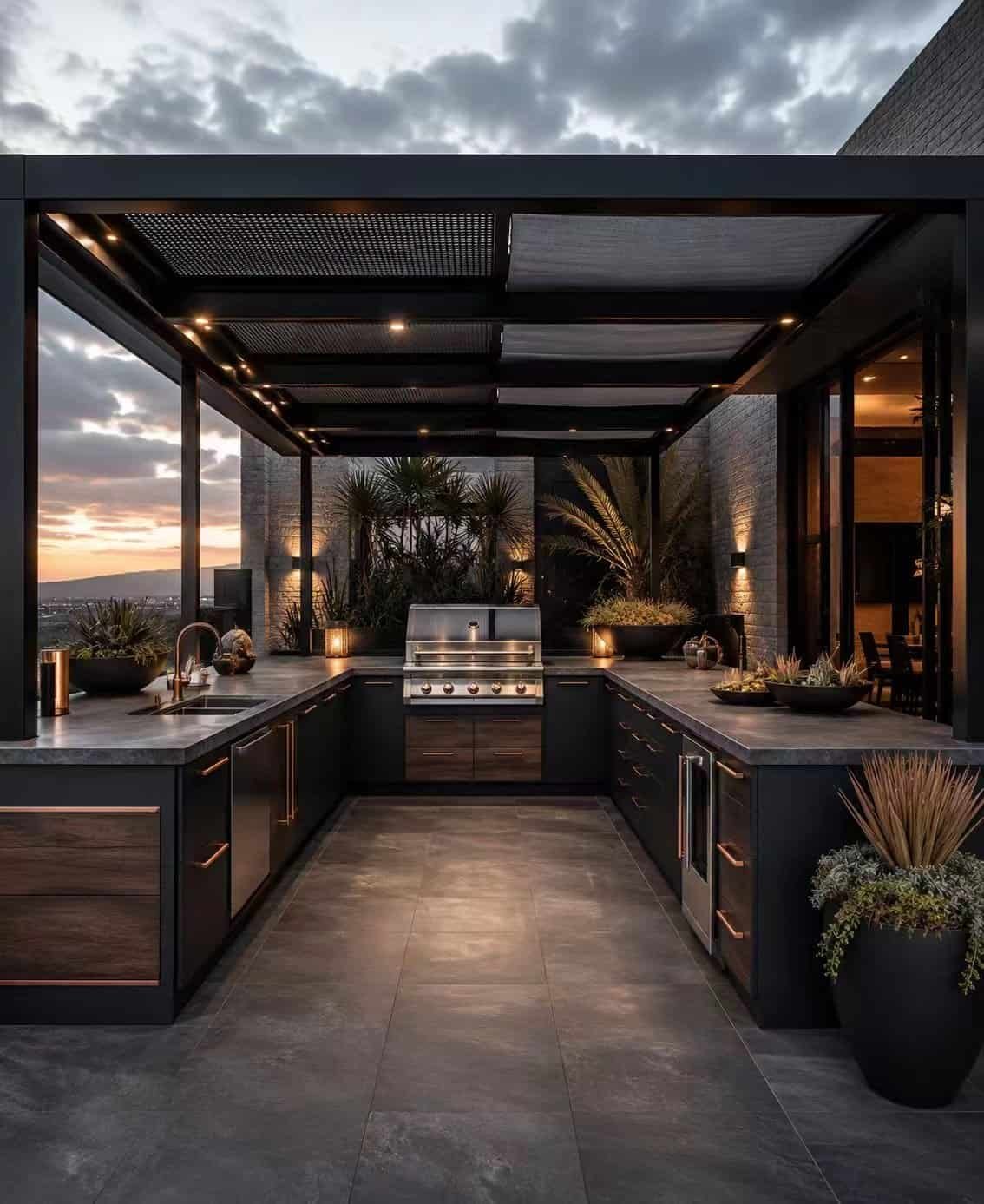 U-shaped outdoor kitchen cabinets with cooking washing and storage zones