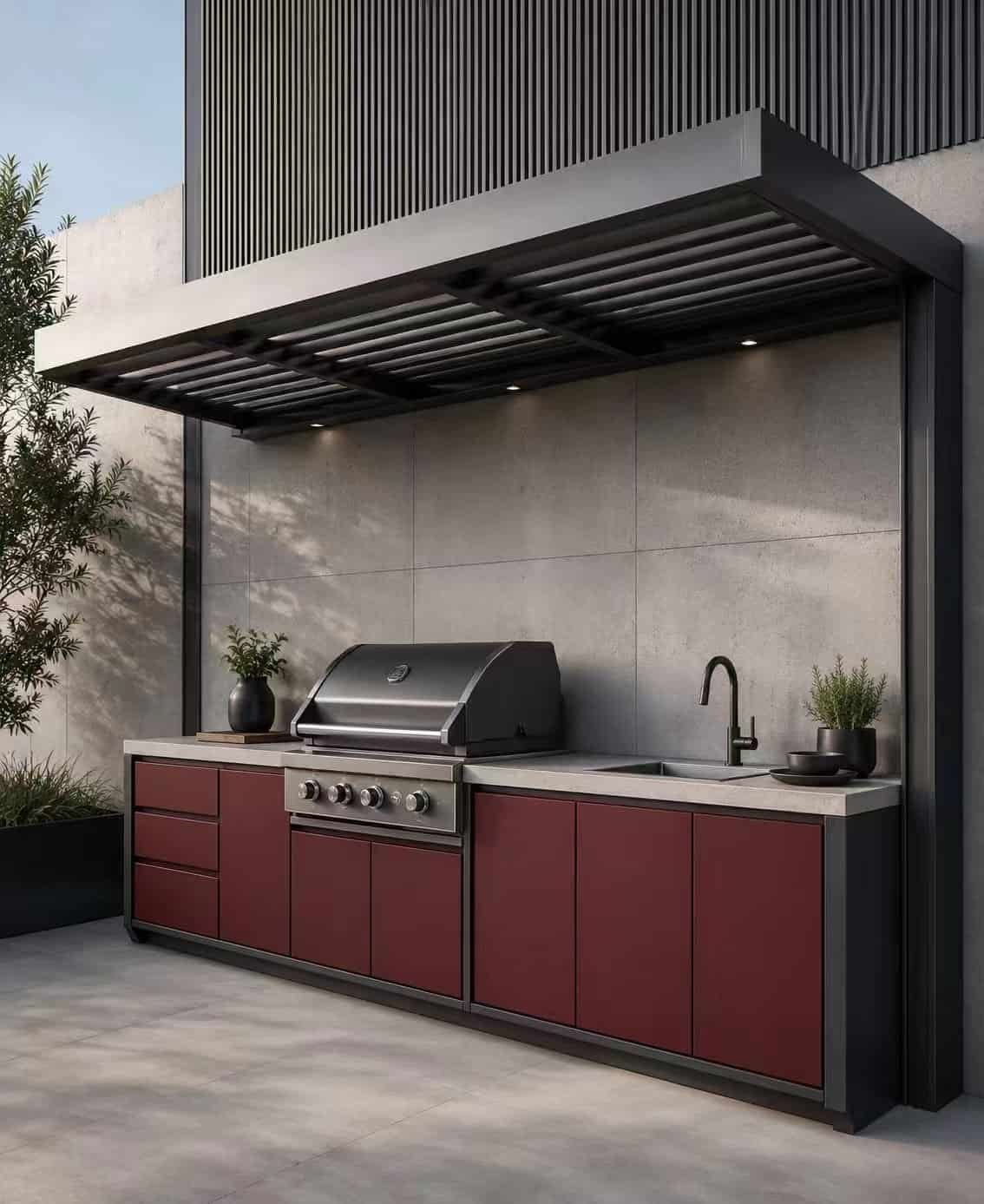 Wall-side patio BBQ cabinet for covered terrace outdoor cooking