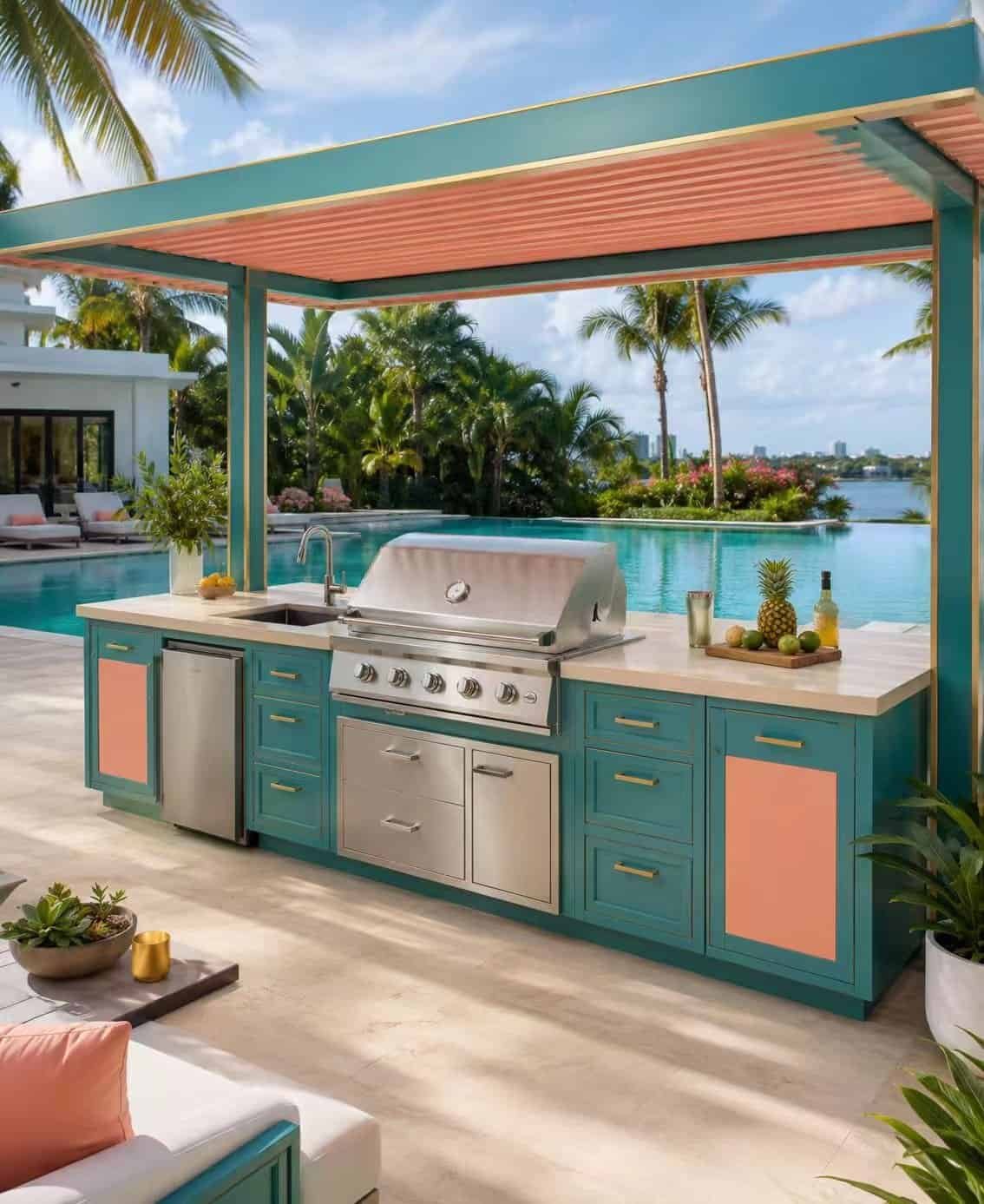 Poolside outdoor BBQ cabinet with built-in grill