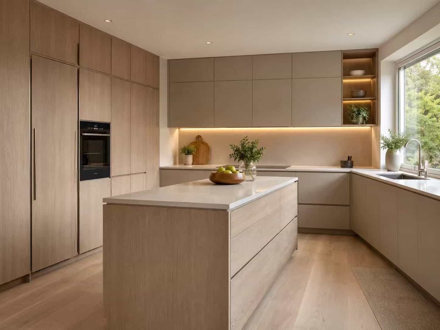 L-shaped kitchen with full-height pantry cabinets and island storage