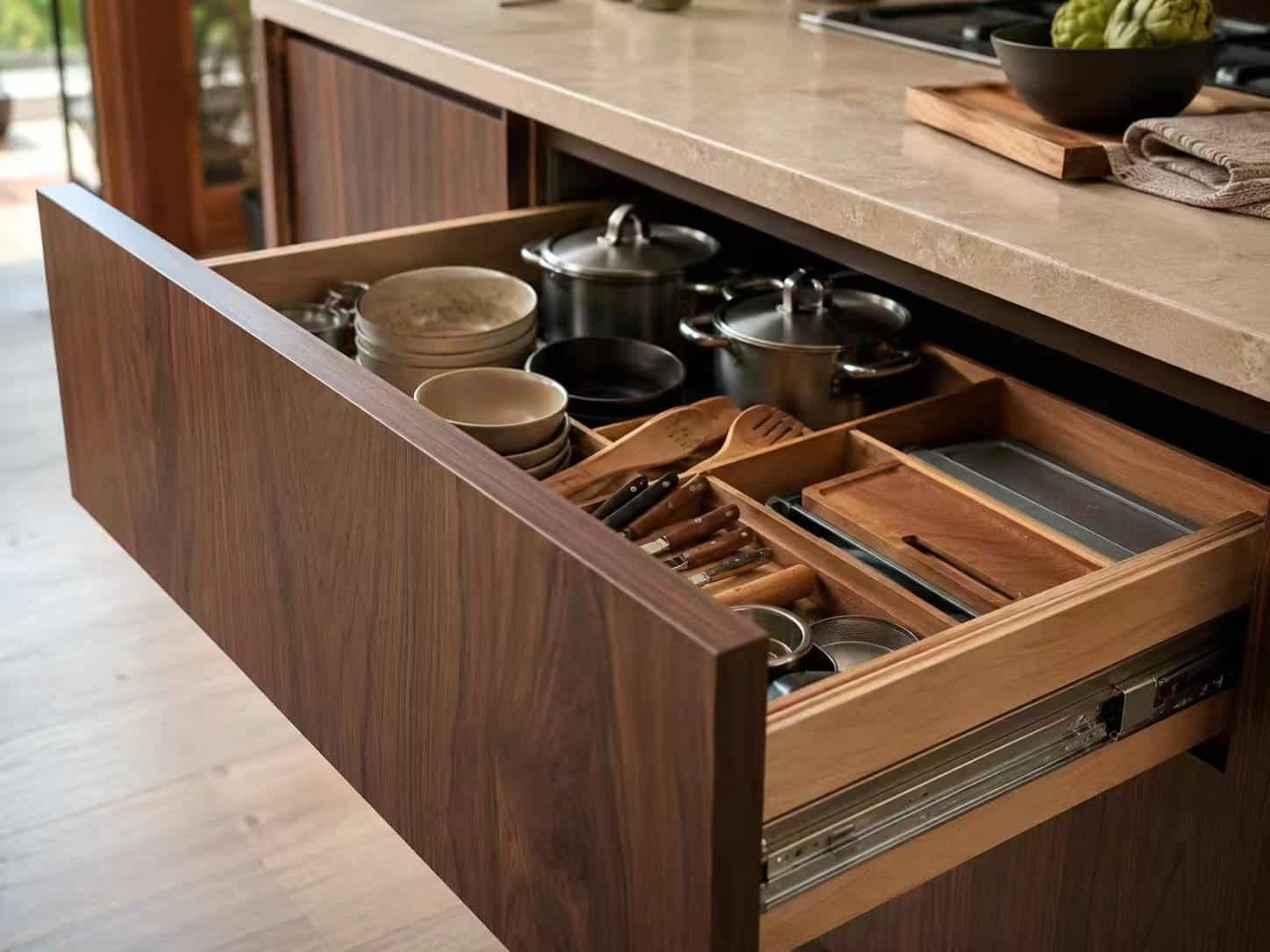 Deep kitchen island drawer with organized cookware and tableware storage