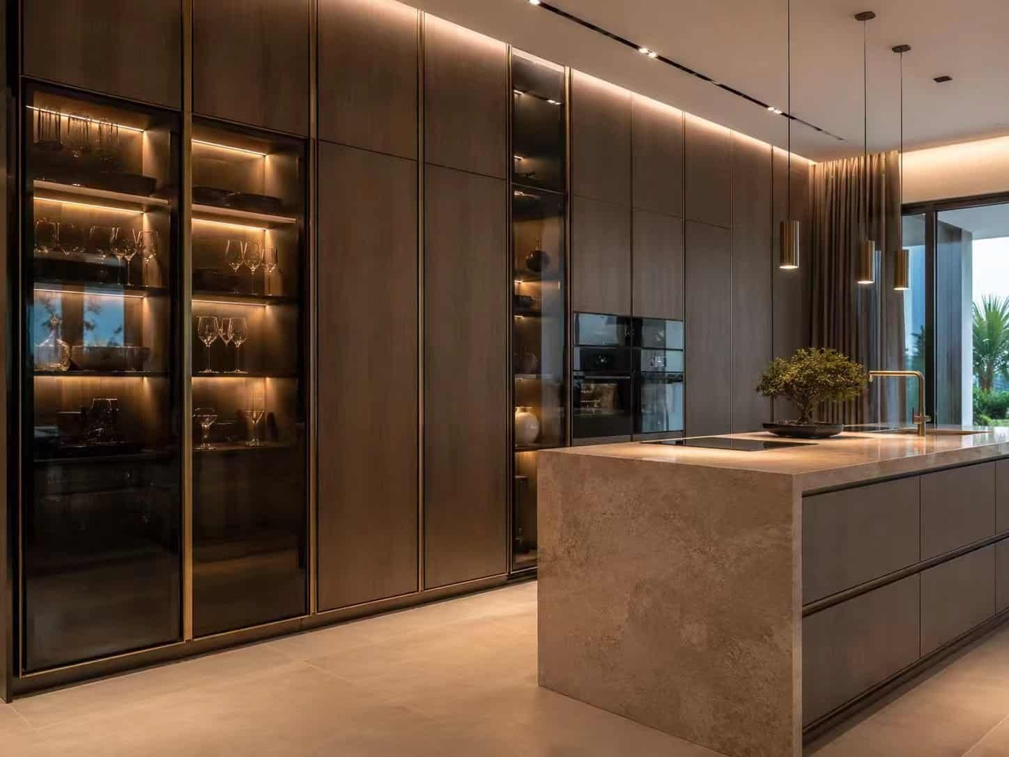 Glass-front floor-to-ceiling kitchen cabinets with soft integrated LED lighting
