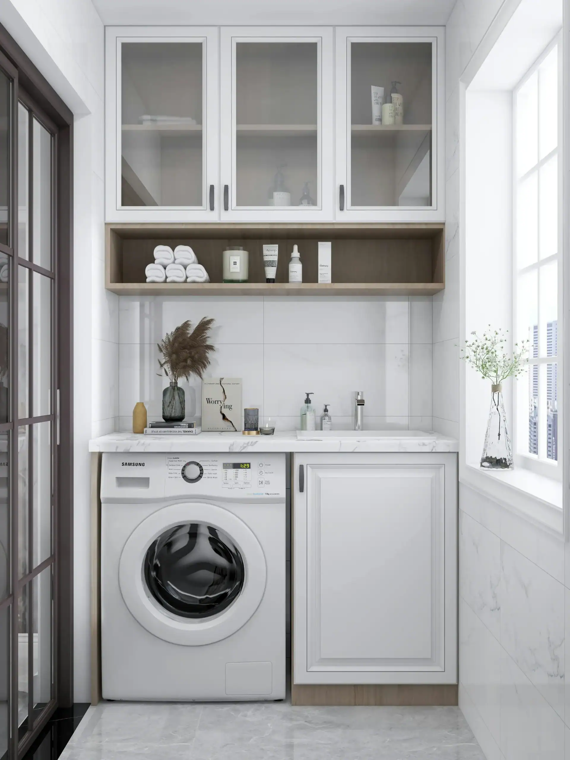Modern balcony laundry cabinet with washer dryer sink and storage