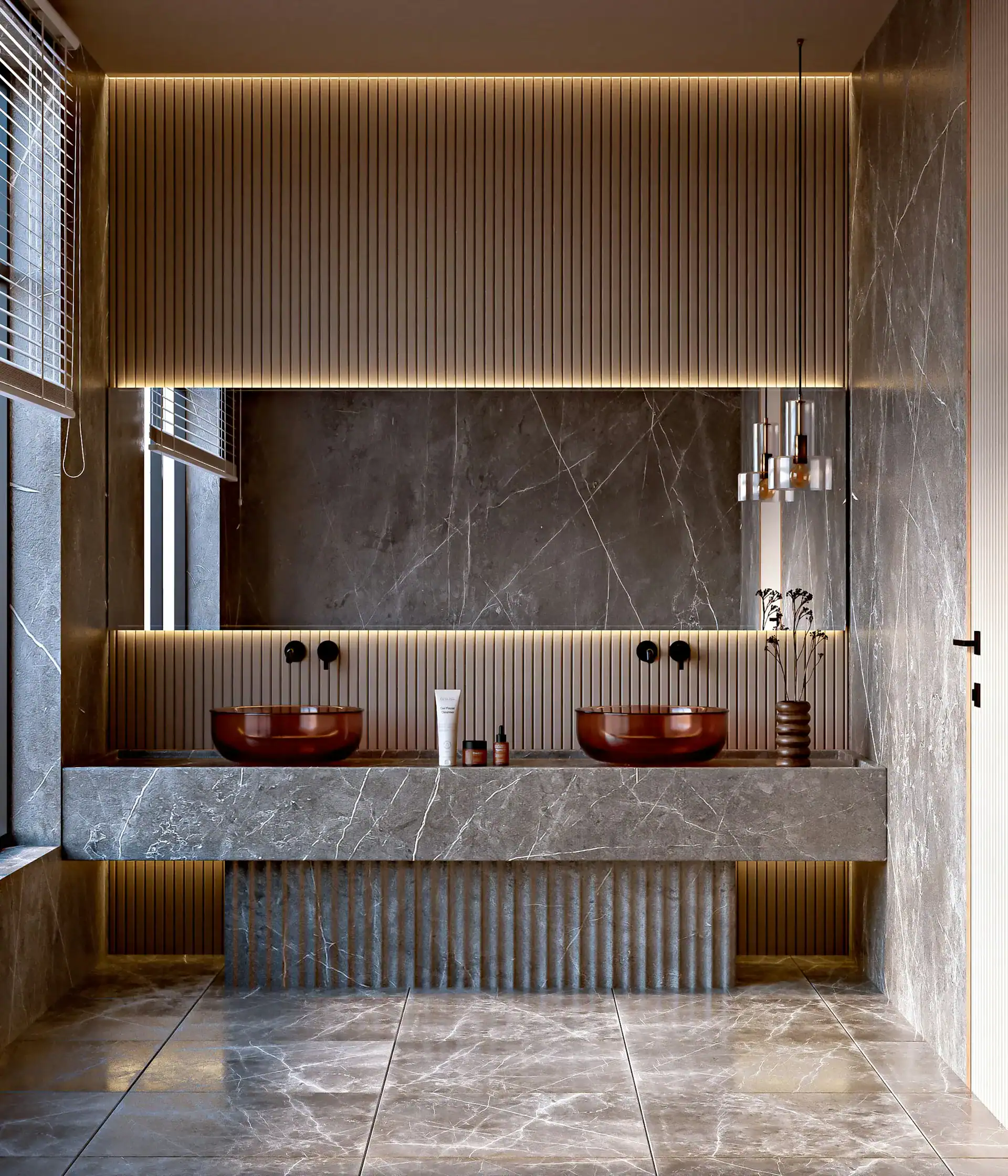 Custom bathroom vanity cabinet with mirror and stone countertop