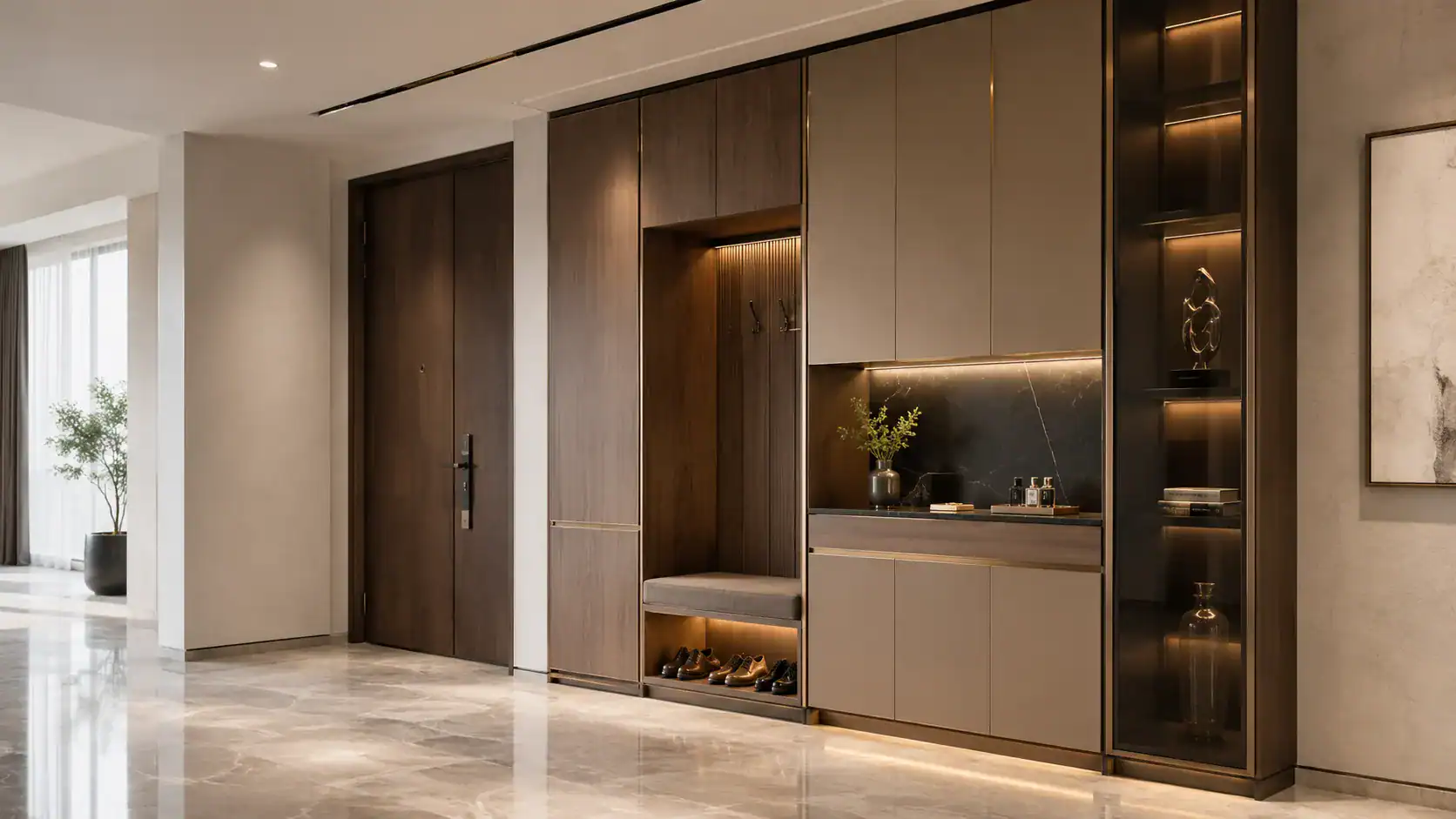 Built-in entrance cabinet with shoe storage bench open shelf and warm lighting