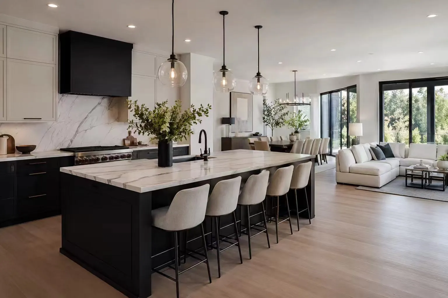 open kitchen island table connecting cooking dining and living areas