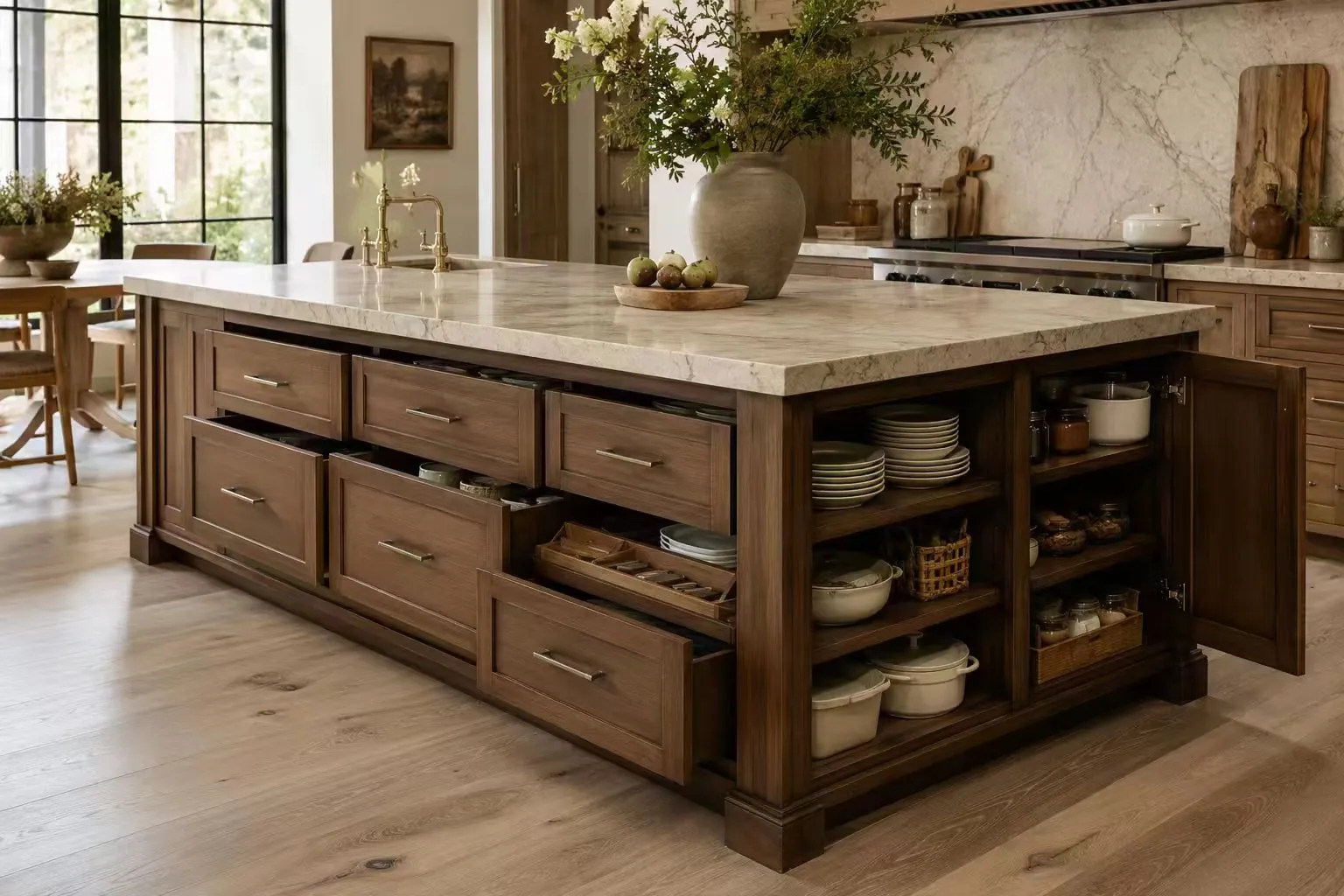 storage island table with drawers doors and open shelves