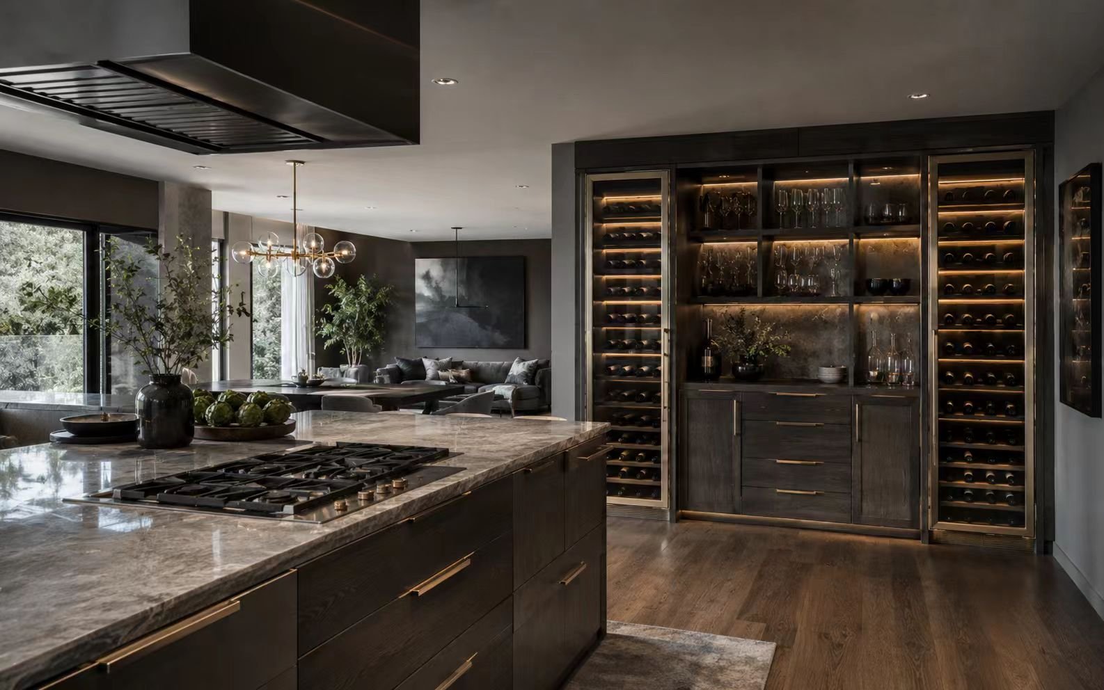 stainless steel wine cabinet integrated with open kitchen tall cabinets and island