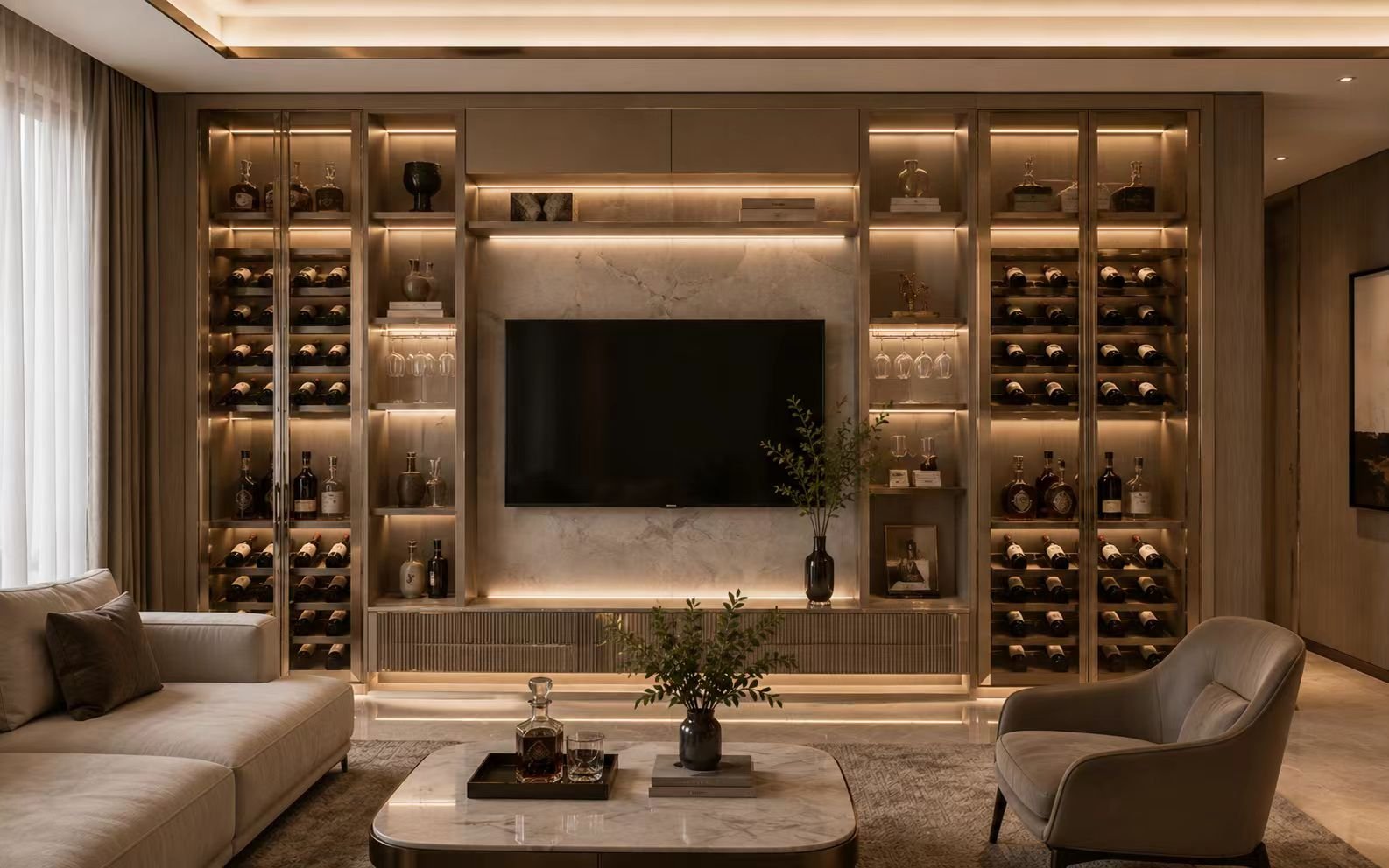 living room stainless steel wine display cabinet with glass doors and warm lighting