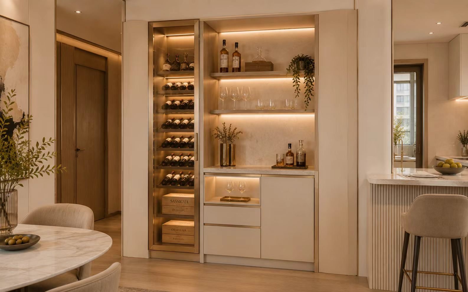 compact built in stainless steel wine cabinet for apartment dining or kitchen corner