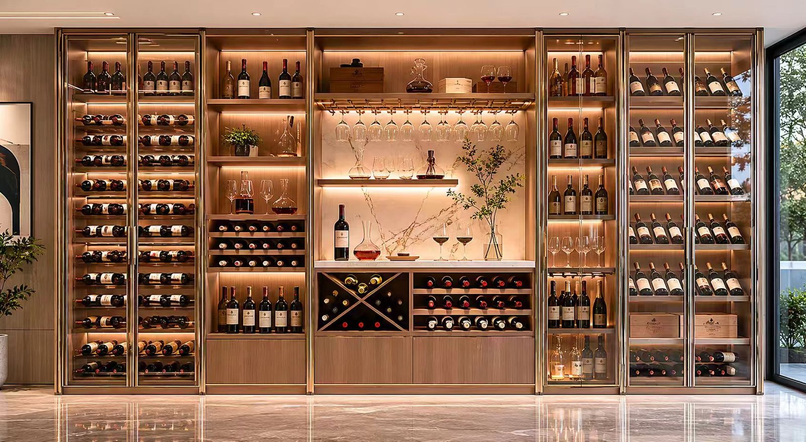 full wall stainless steel wine display cabinet for villa restaurant and hotel project