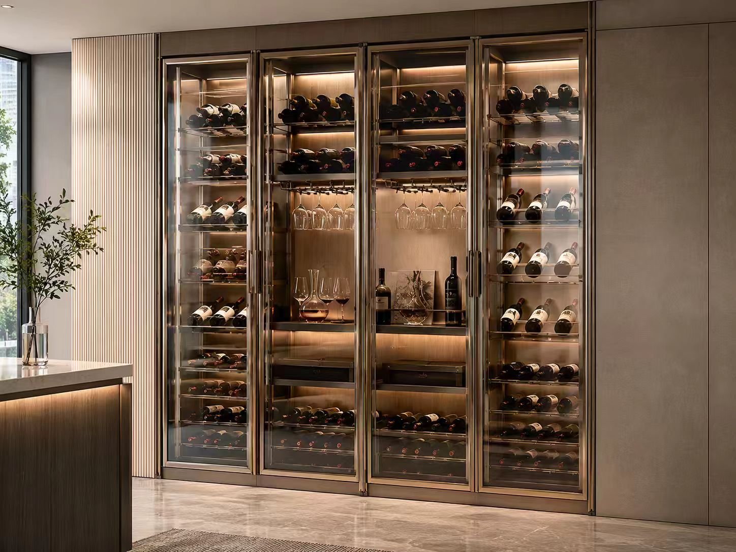 glass door wine cabinet with stainless steel frame and warm display lighting