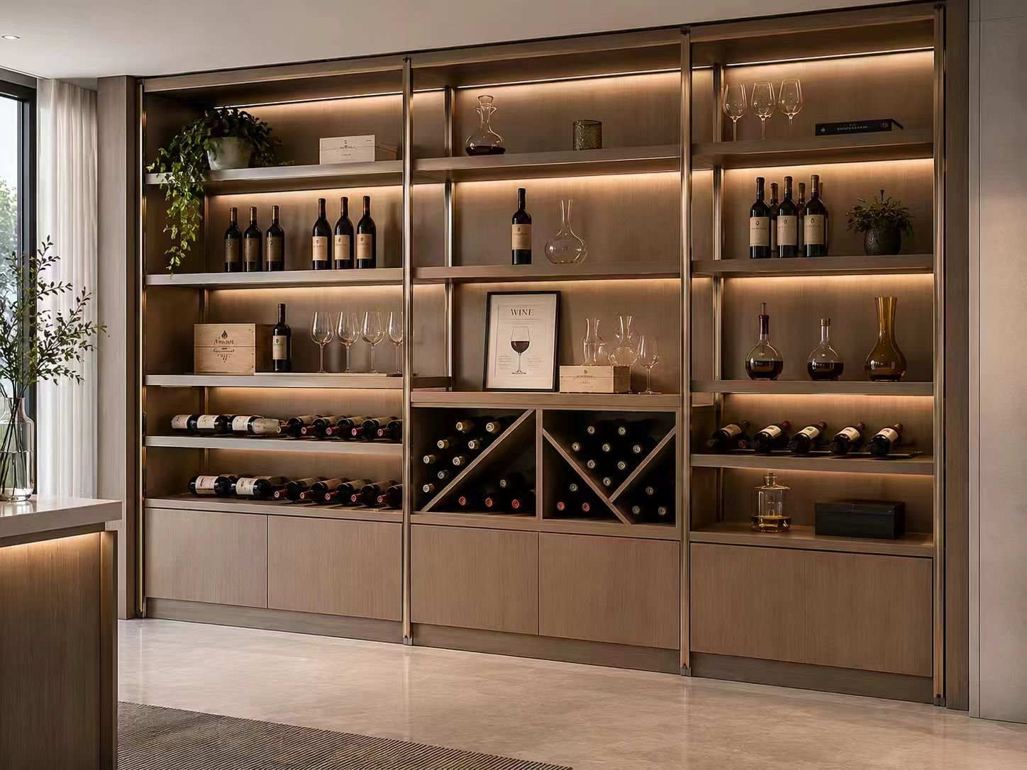 open shelf stainless steel wine cabinet for daily bottle and glassware access