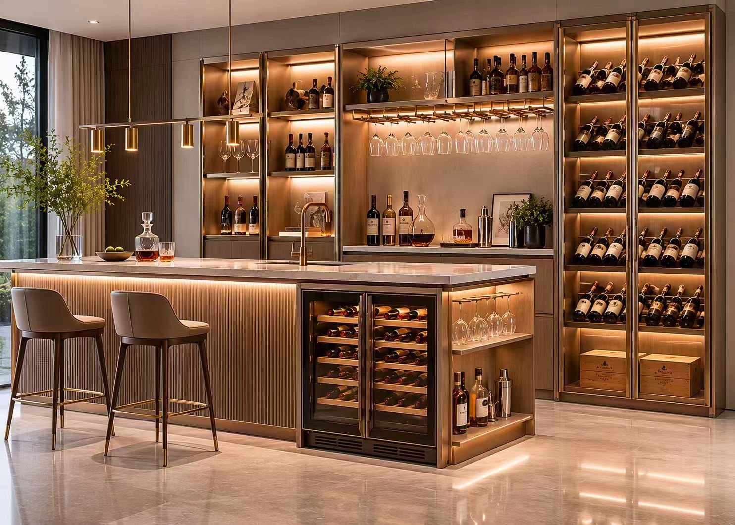 bar integrated custom wine storage cabinet with hanging wine glass holder