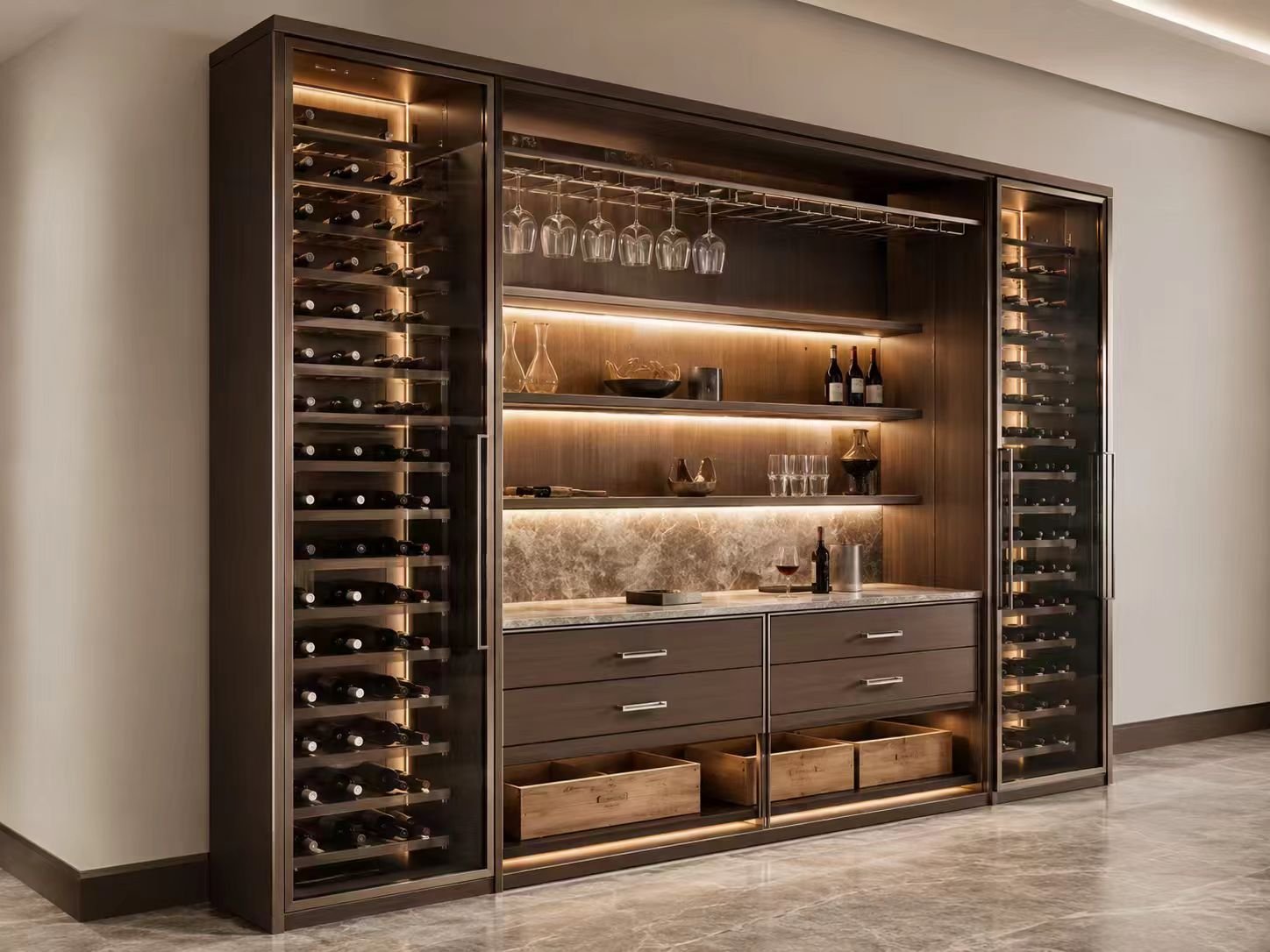 custom stainless steel wine cabinet storage layout with bottle rack glass holder drawers lighting and countertop zones