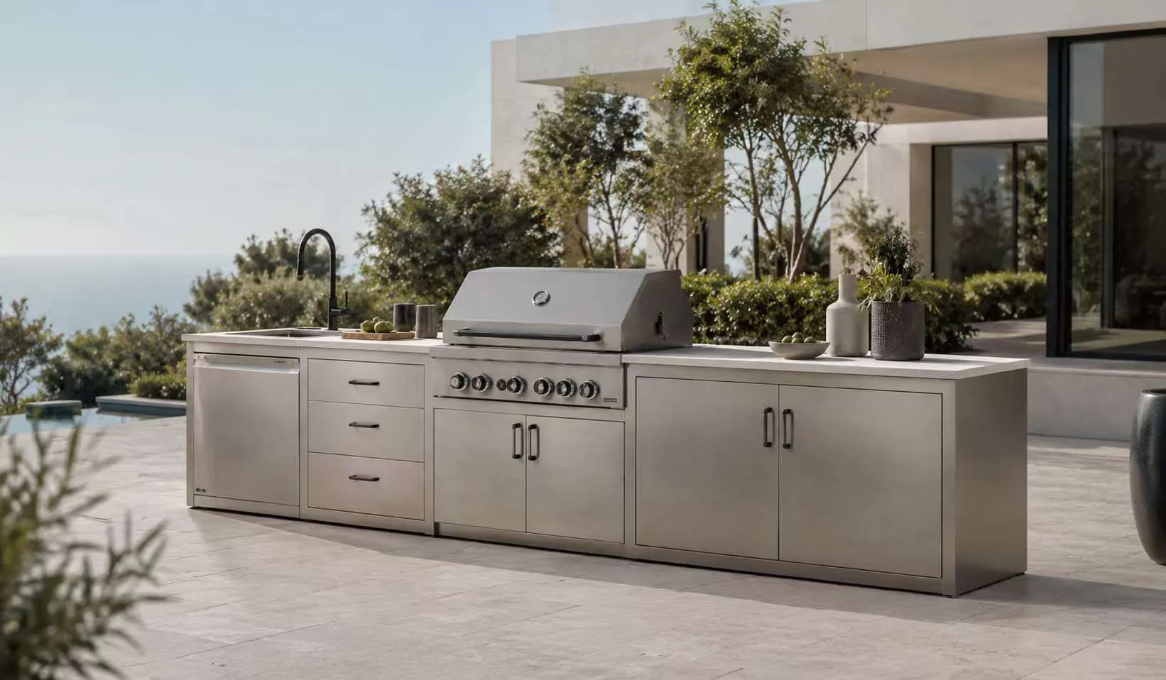 Brushed stainless steel Outdoor BBQ Cabinet for a modern patio kitchen