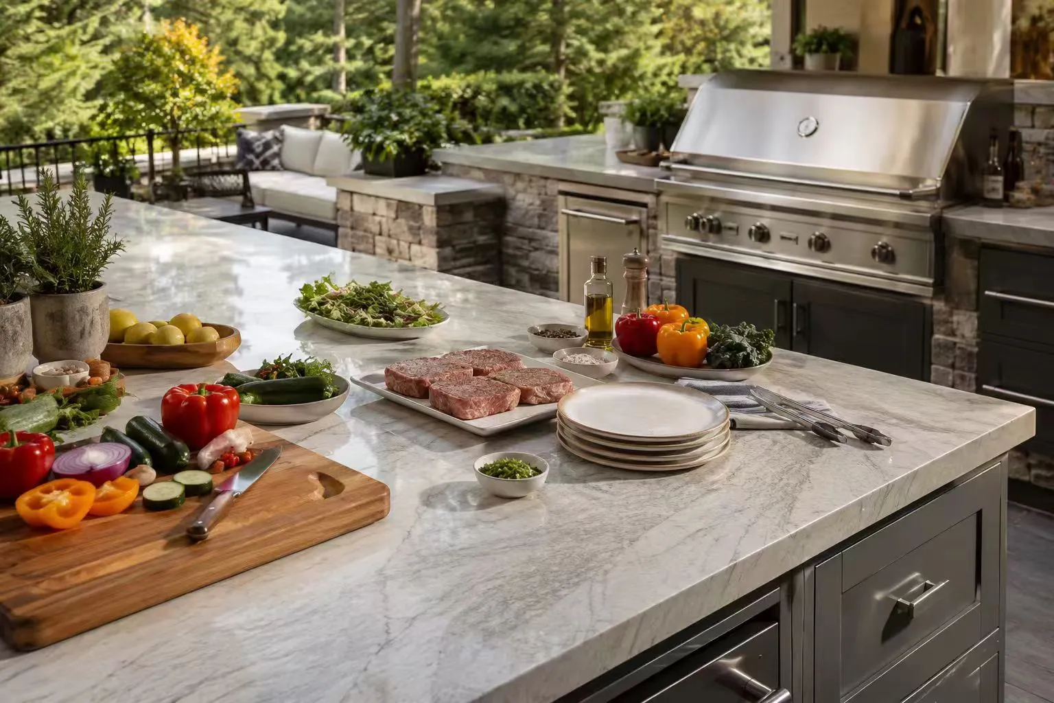 Outdoor BBQ cabinet countertop prep zone
