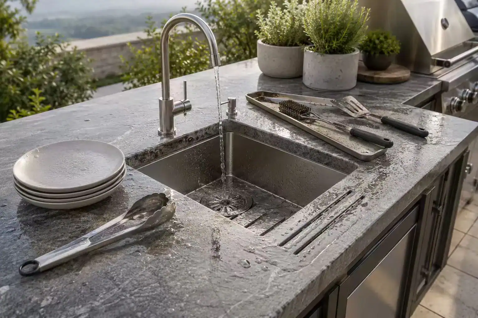 Outdoor kitchen sink and cleaning zone for BBQ cabinet