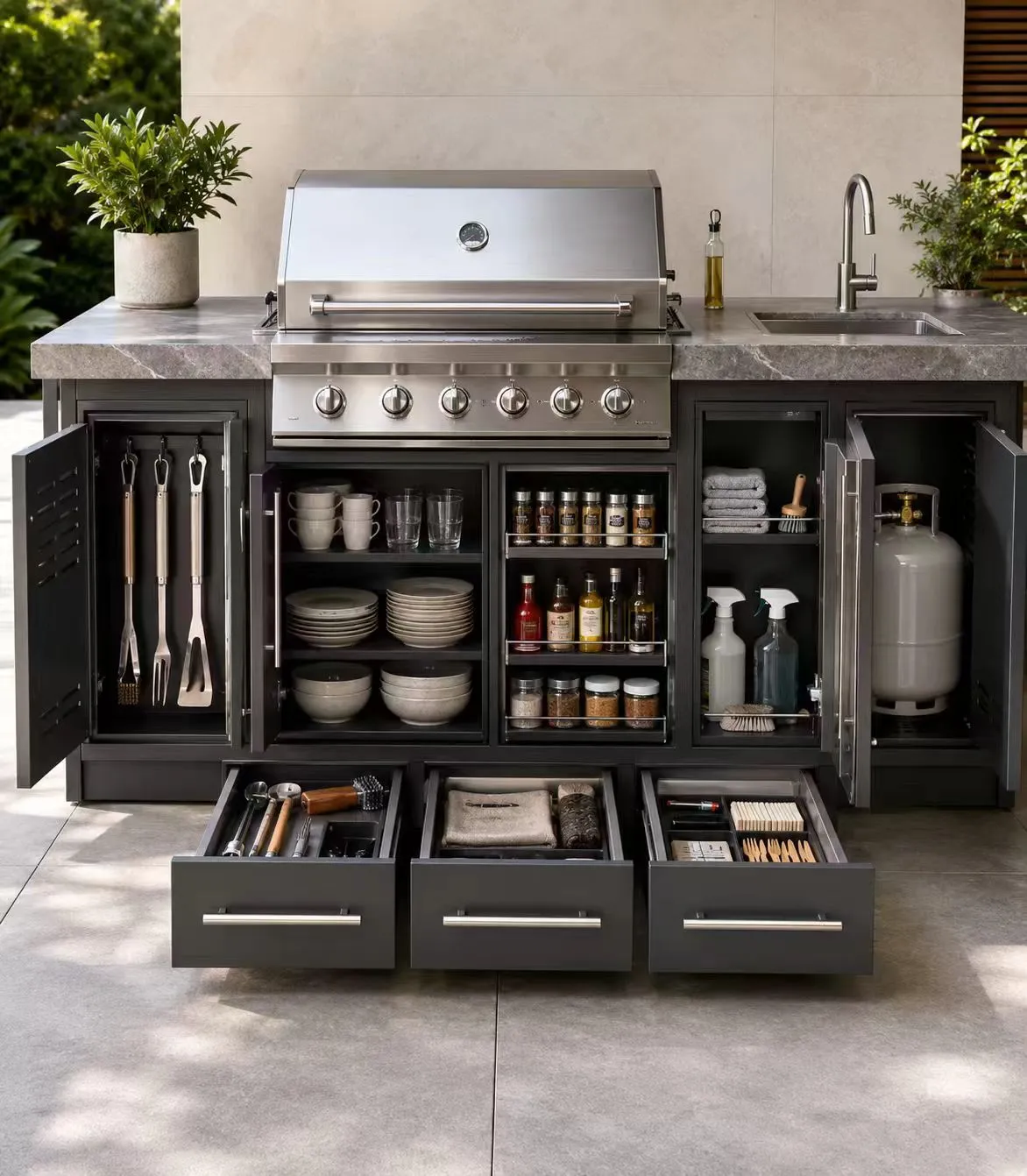 Outdoor BBQ cabinet storage planning with grill tools plates seasonings cleaning supplies drawers and gas tank cabinet