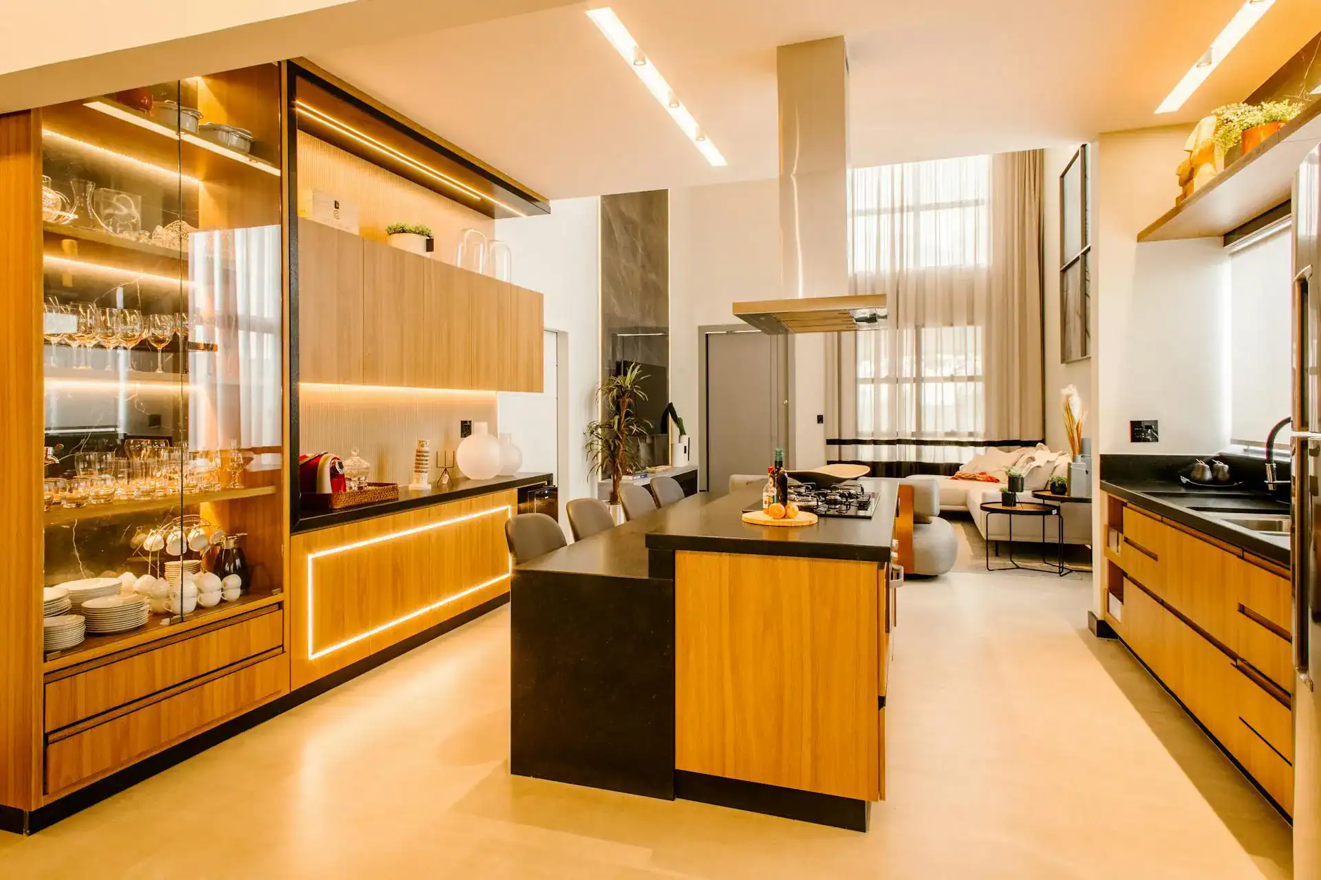 Custom sideboard cabinet with glass display doors warm LED lighting and dining room storage