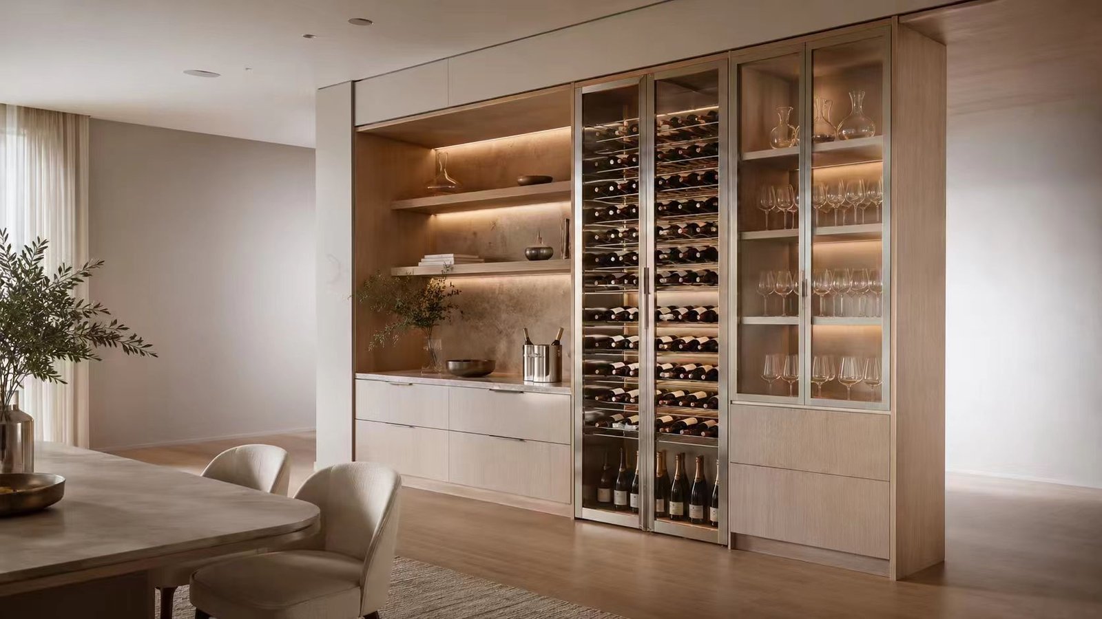 stainless steel wine cabinet with glass doors integrated with dining room bar storage