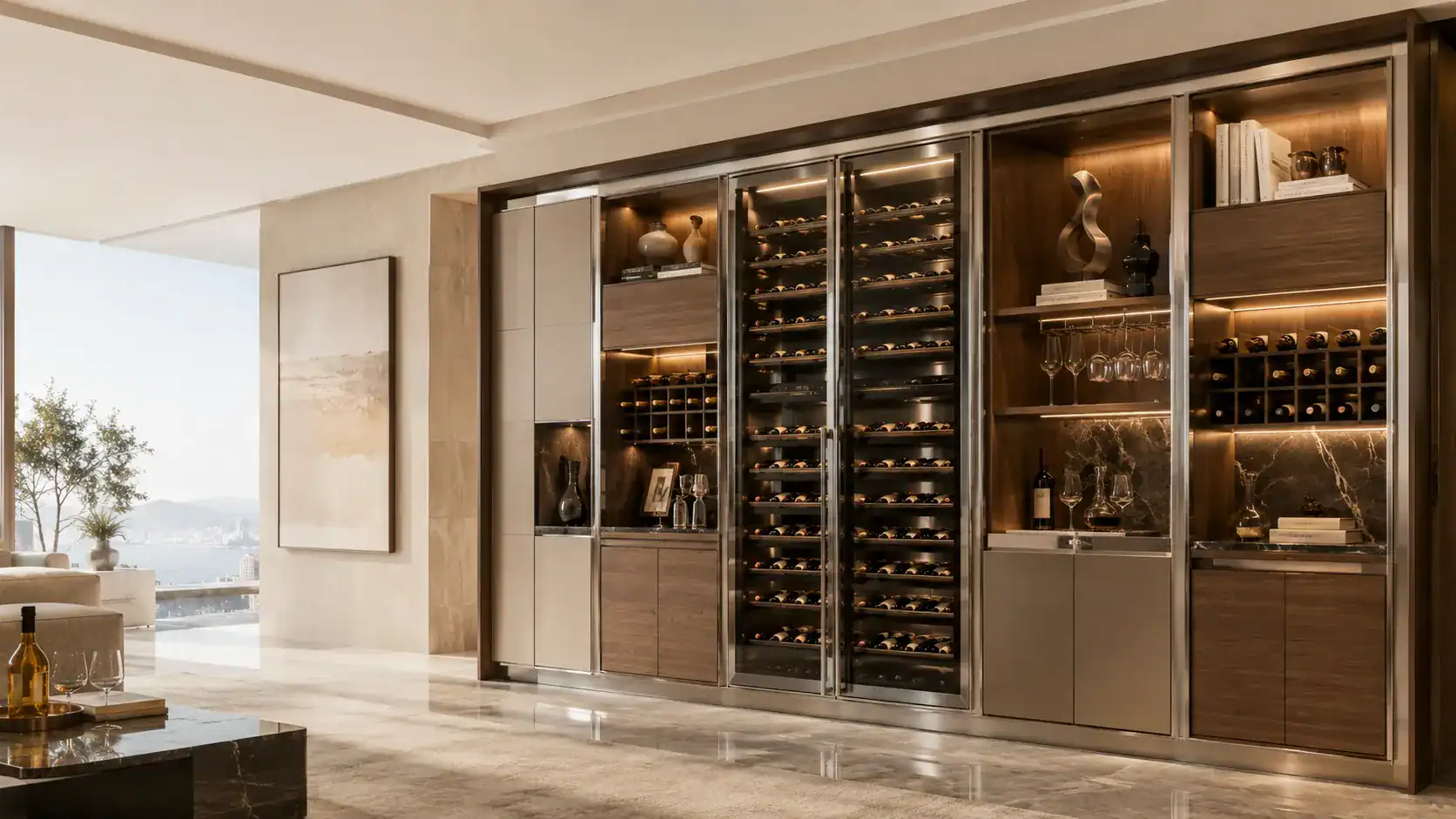 Custom stainless steel wine cabinet with glass doors warm LED lighting and luxury wine display