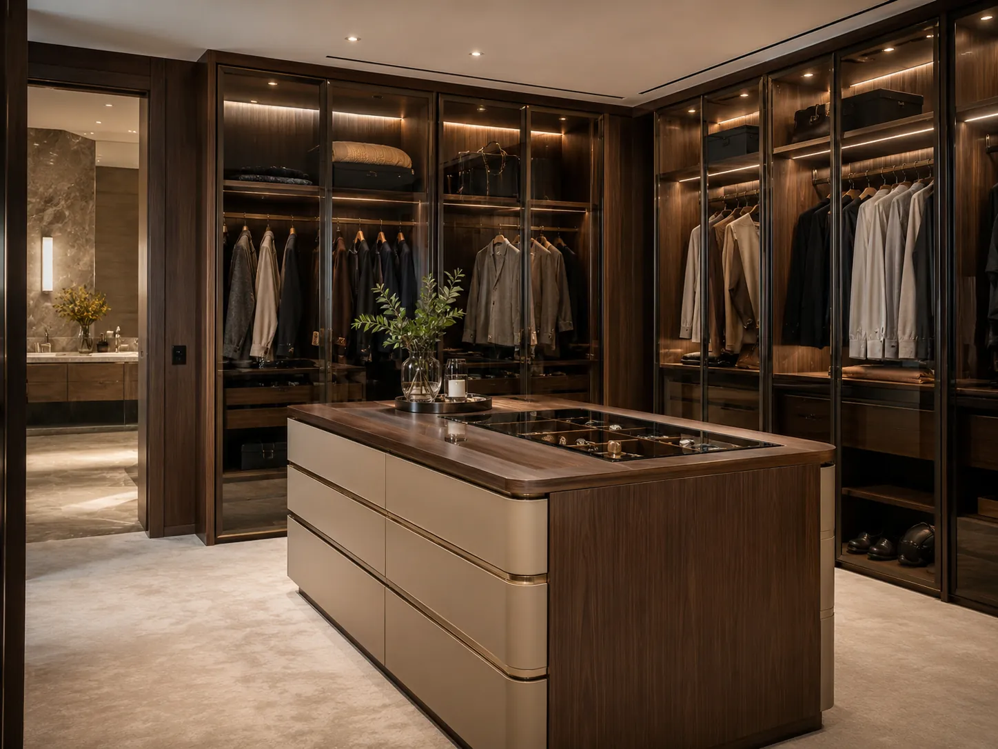 Walk-in wardrobe with a central island for a master bedroom