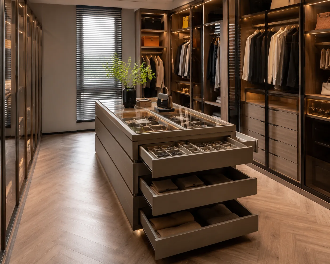 Wardrobe island layout with open drawers and clear walking space