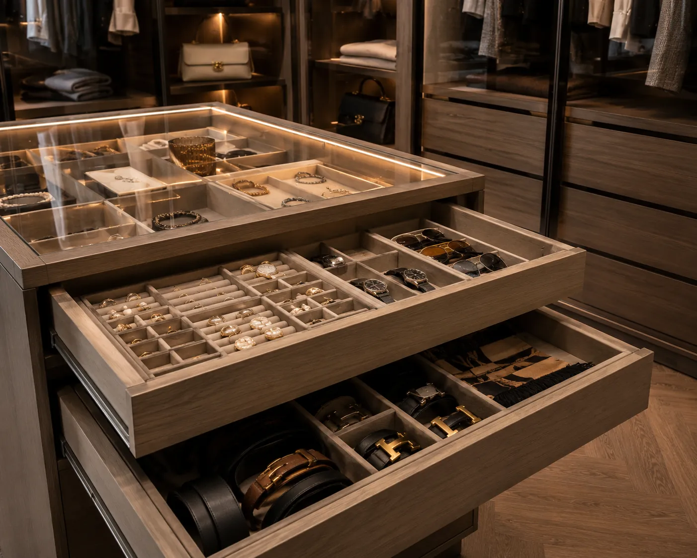 Wardrobe island drawer with jewelry trays, watches, belts, and accessory storage