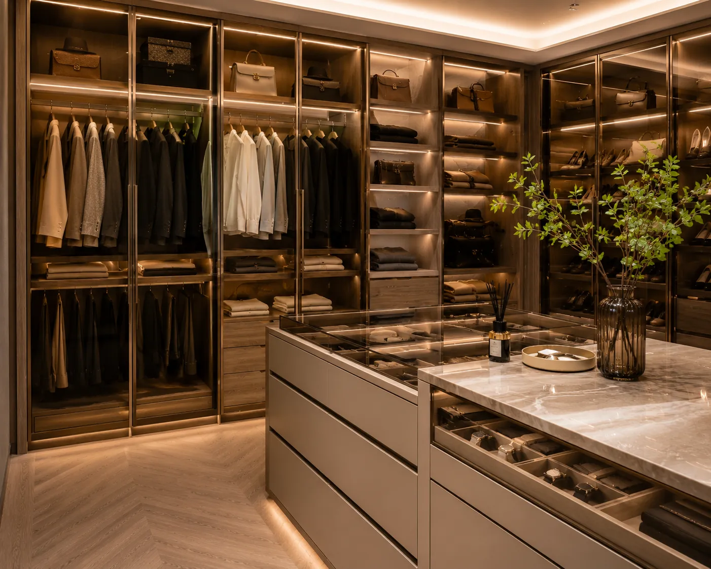 Glass-door walk-in wardrobe with integrated lighting and island storage