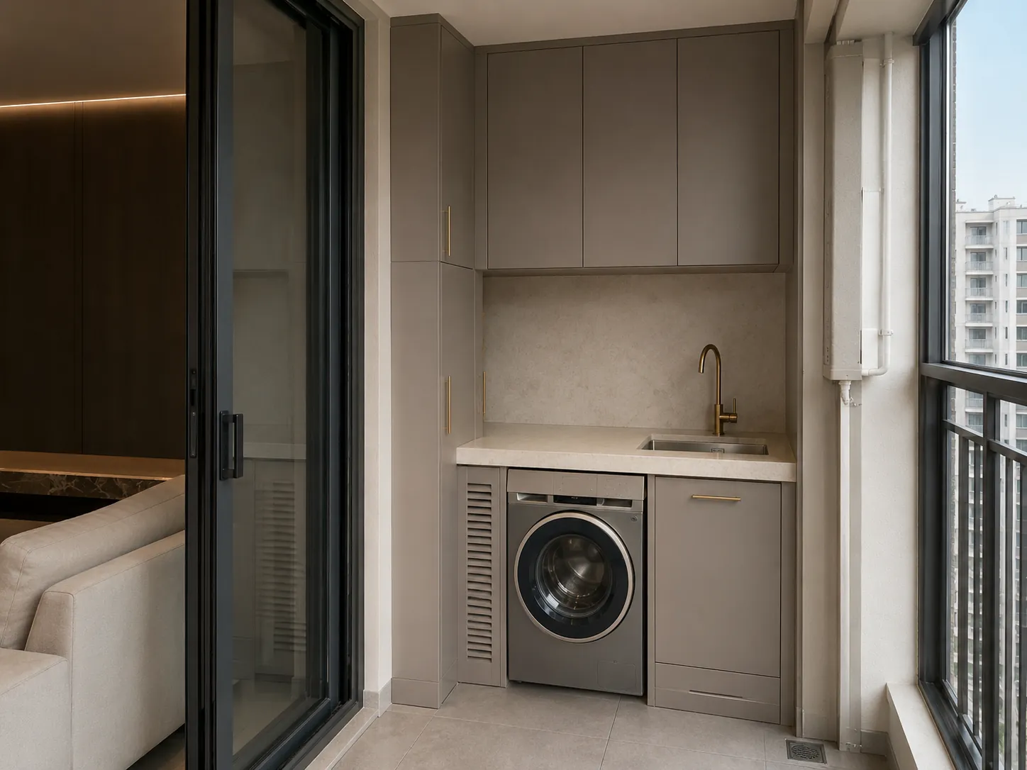 Custom apartment balcony laundry cabinet with built-in washer, sink, tall storage, and ventilation details.