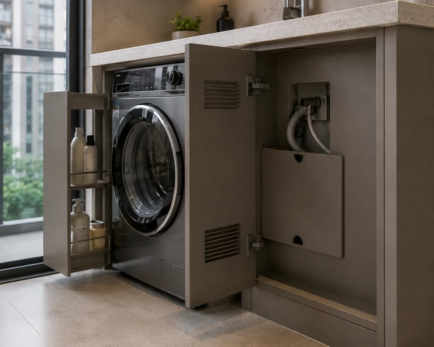 Built-in washer detail with ventilation slots, service access, and precise cabinet clearance.