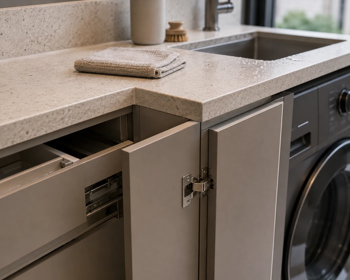 Moisture-resistant laundry cabinet detail with sealed edges, stone backsplash, sink edge, and durable hardware.