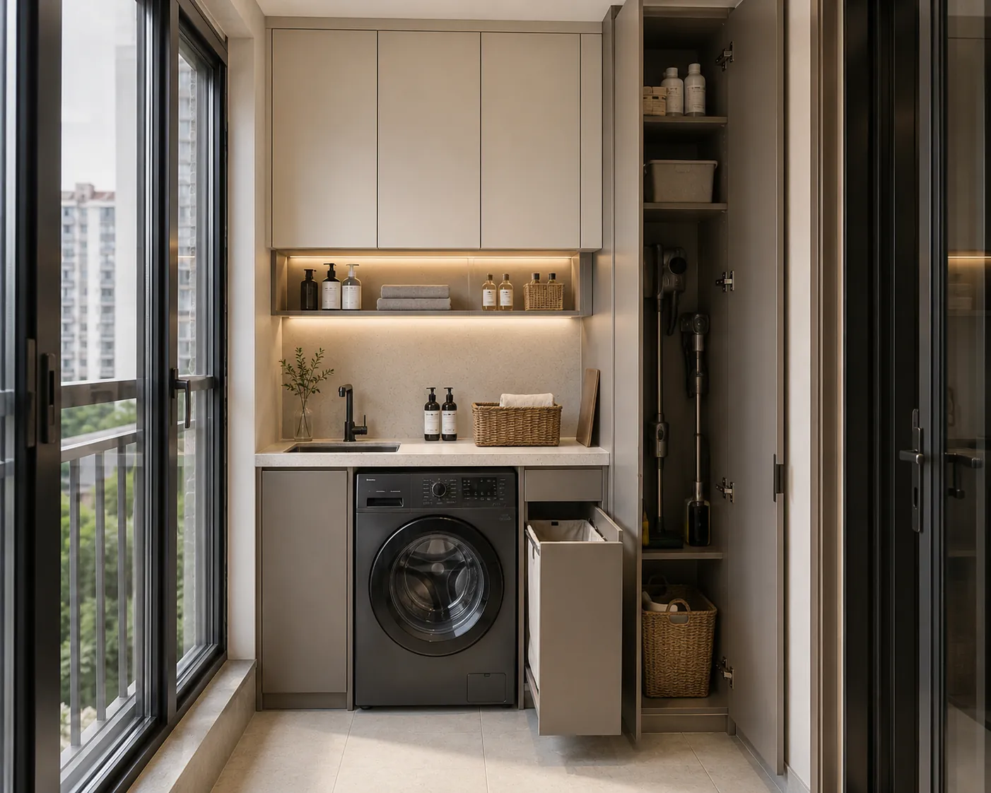 Compact balcony laundry cabinet layout with washer, upper cabinets, tall utility storage, and pull-out hamper.