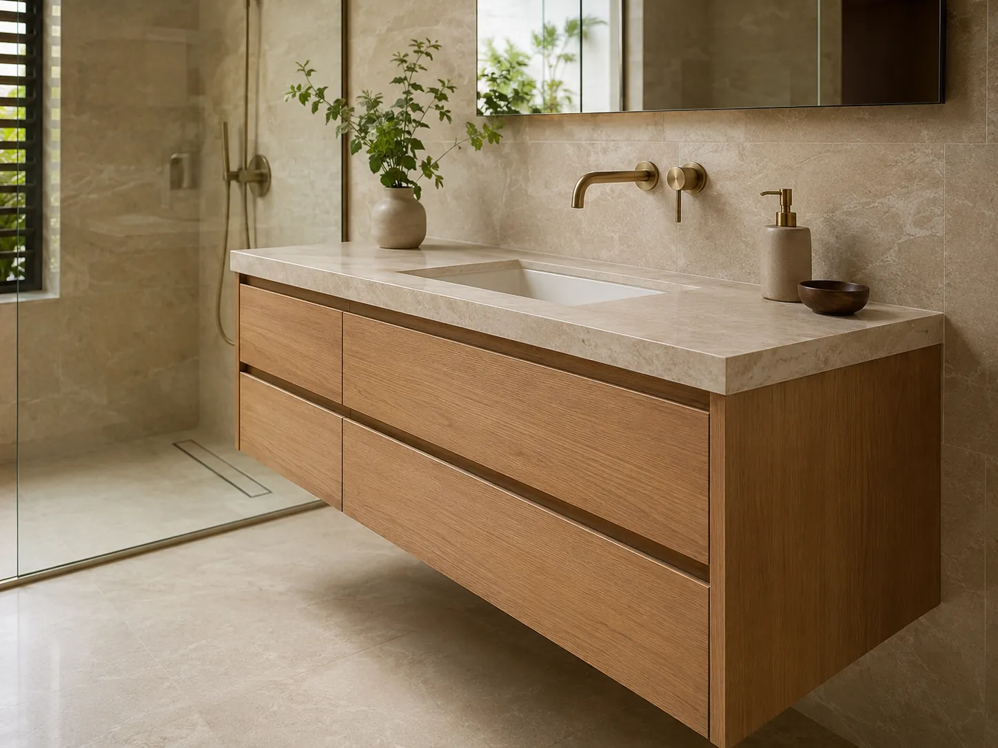 Custom moisture resistant bathroom vanity with stone countertop in a refined humid bathroom.