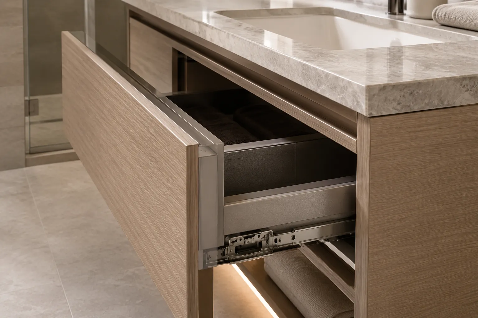 Sealed edge detail on a custom bathroom vanity drawer and stone countertop joint.