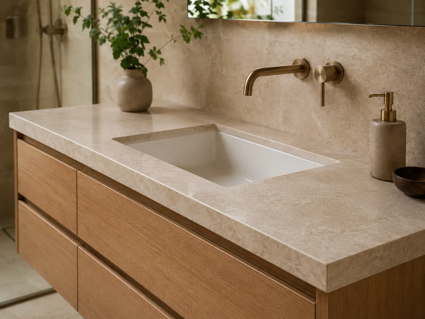 Bathroom vanity countertop and sink area with clean backsplash and cabinet alignment.