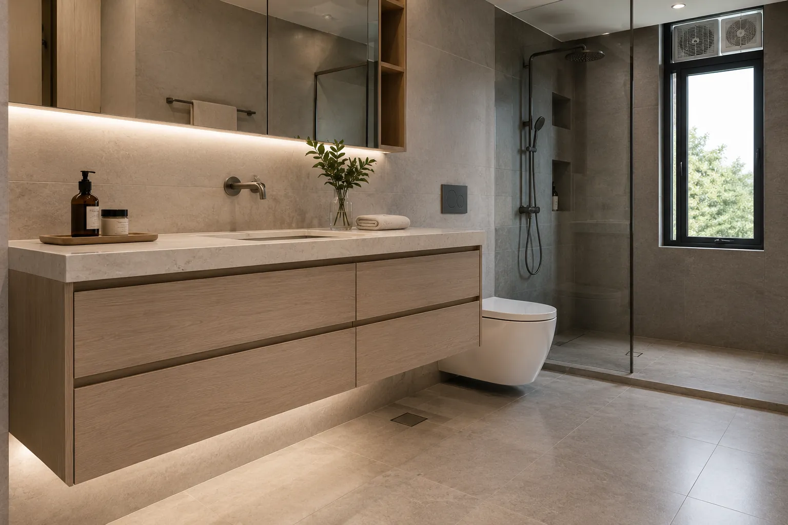 Floating bathroom vanity with floor clearance and ventilation in a refined bathroom.