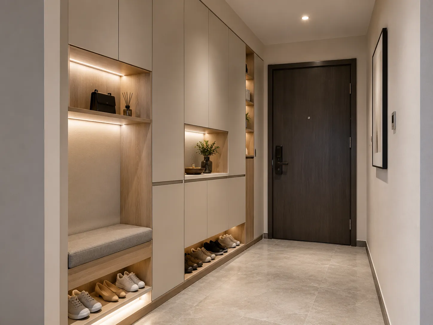 Full built-in entryway cabinet with shoe storage and seating planned around a modern front door.