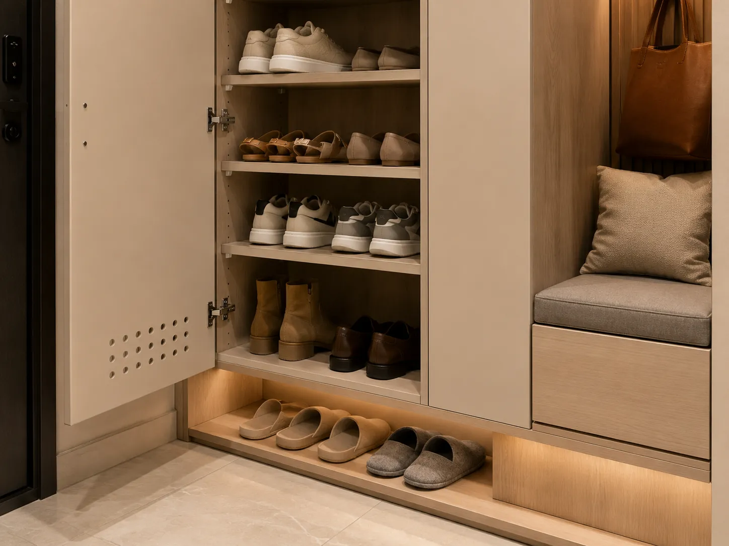 Close-up of ventilated built-in shoe cabinet with adjustable shelves, open bottom storage, and integrated seating detail.