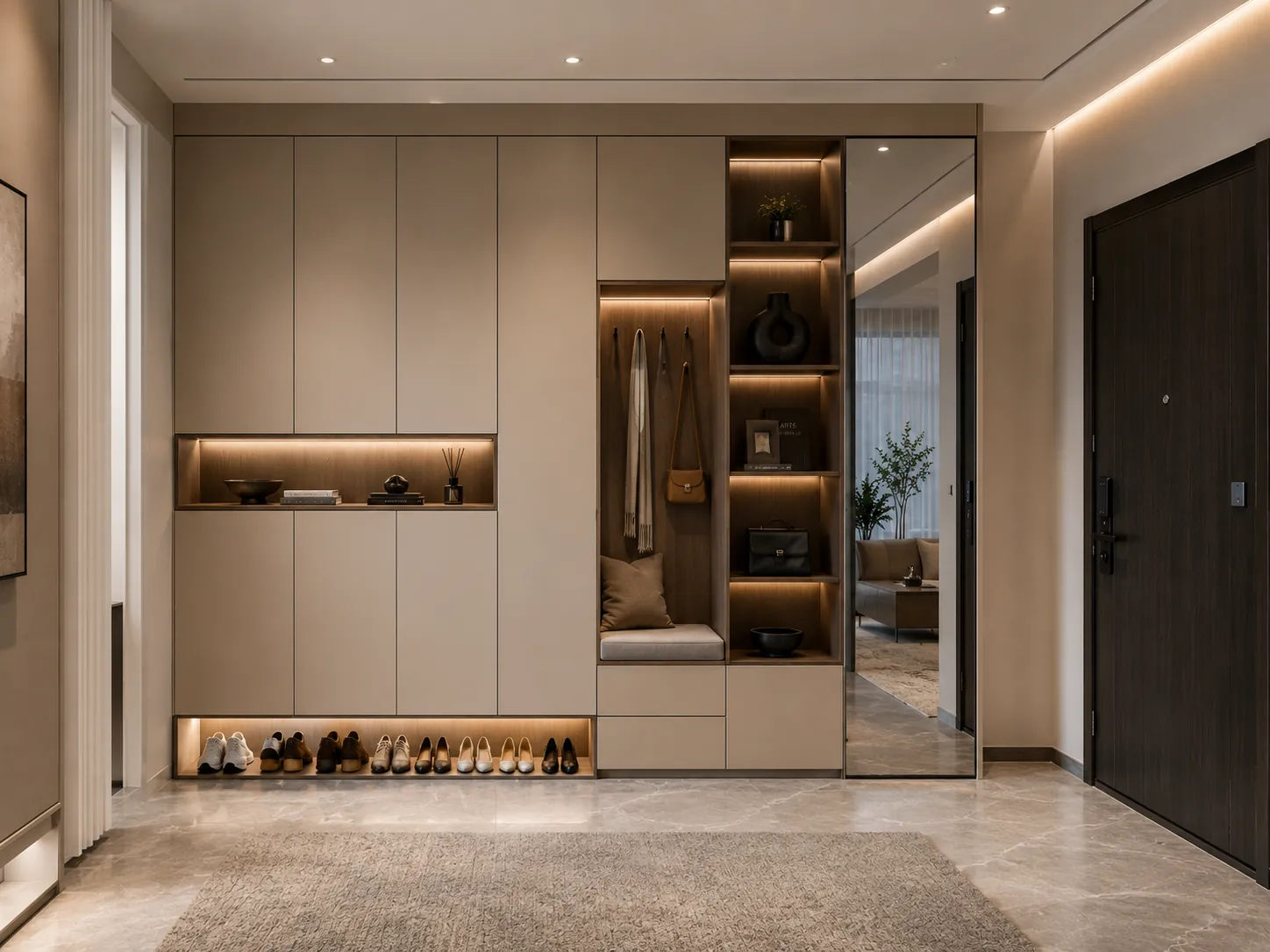 Luxury villa foyer with full-height built-in entryway cabinet, hidden shoe storage, seating, display niche, and soft LED lighting.