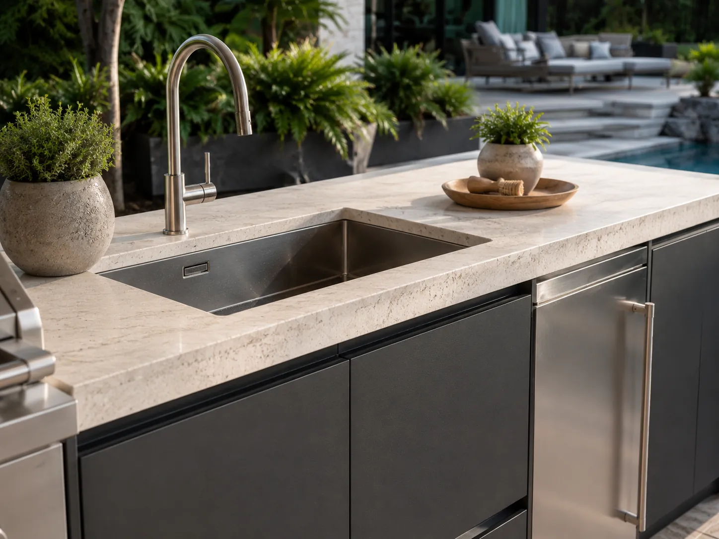 Outdoor cabinet with sink, stone countertop, undermount sink, and drainage planning in a patio kitchen.