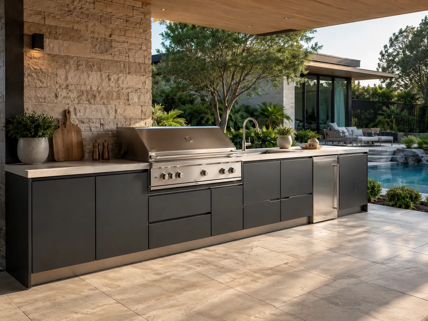Luxury patio BBQ area with a weather resistant outdoor cabinet, stone countertop, integrated grill, and closed storage drawers.