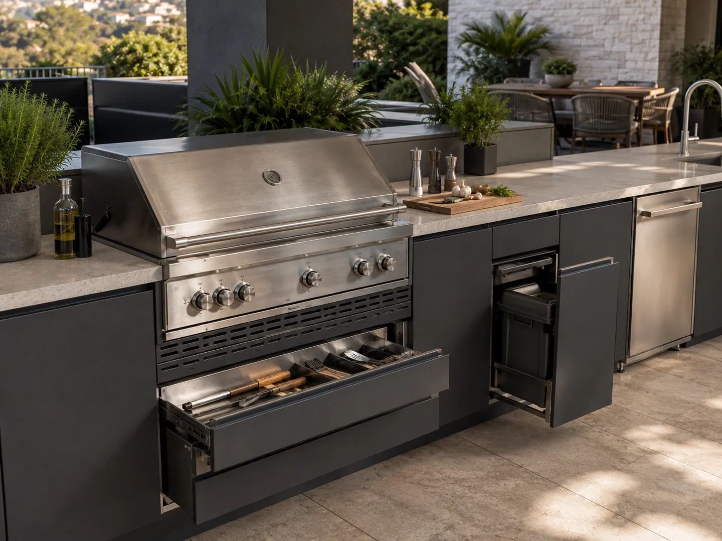 Outdoor BBQ cabinet with integrated grill, ventilation panel, deep drawers, and stone countertop.