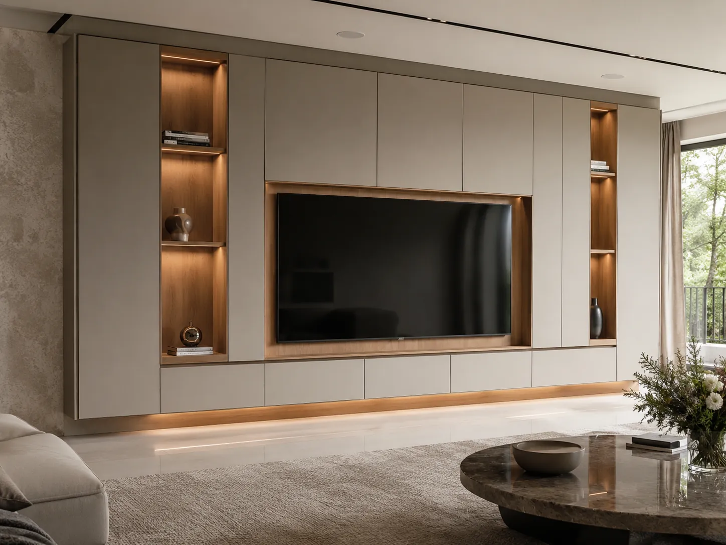 Modern built-in TV wall cabinet with warm wood, neutral doors, concealed storage, and balanced display niches.