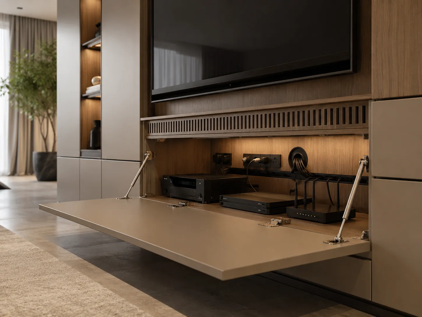 TV wall media compartment with concealed sockets, an accessible cable route, and discreet ventilation openings.