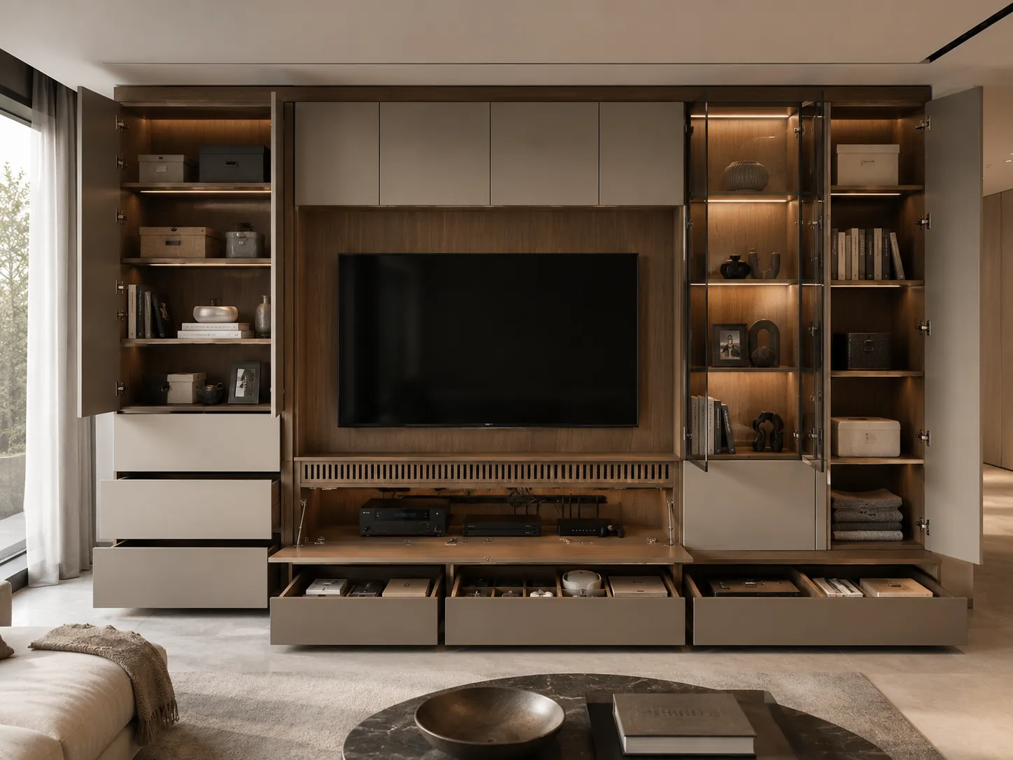 Built-in TV wall storage with open doors revealing organized closed cabinets, a media zone, and an illuminated glass display.