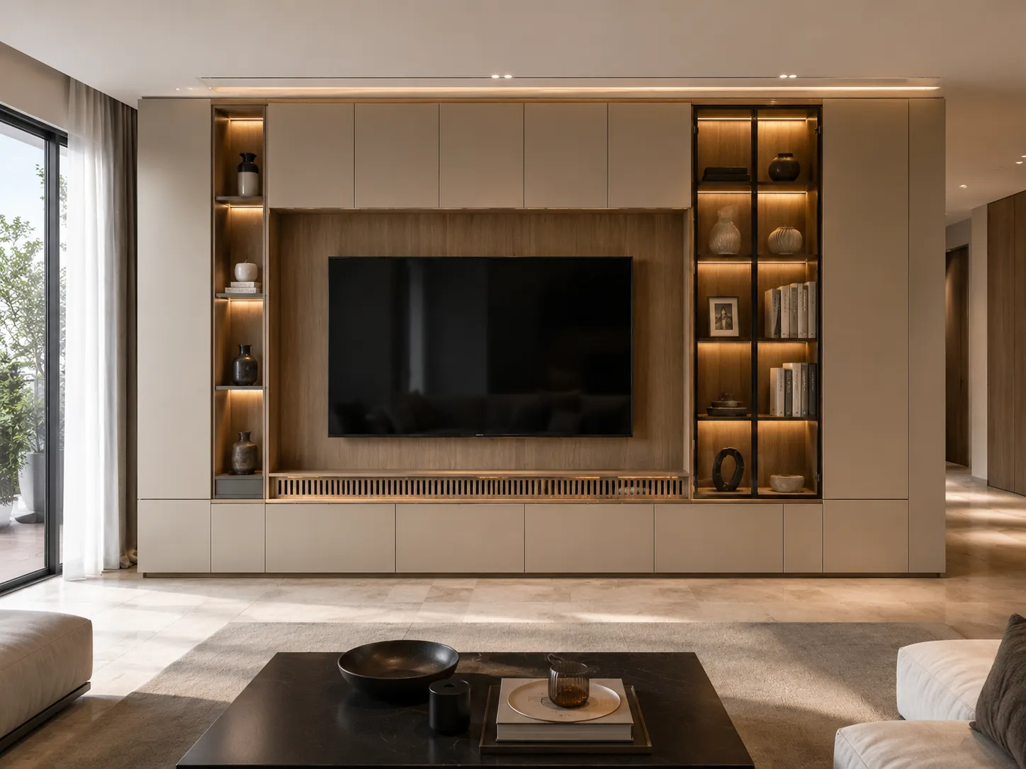 Completed modern living room with a precisely installed built-in TV wall, concealed storage, display lighting, and clean edge closures.