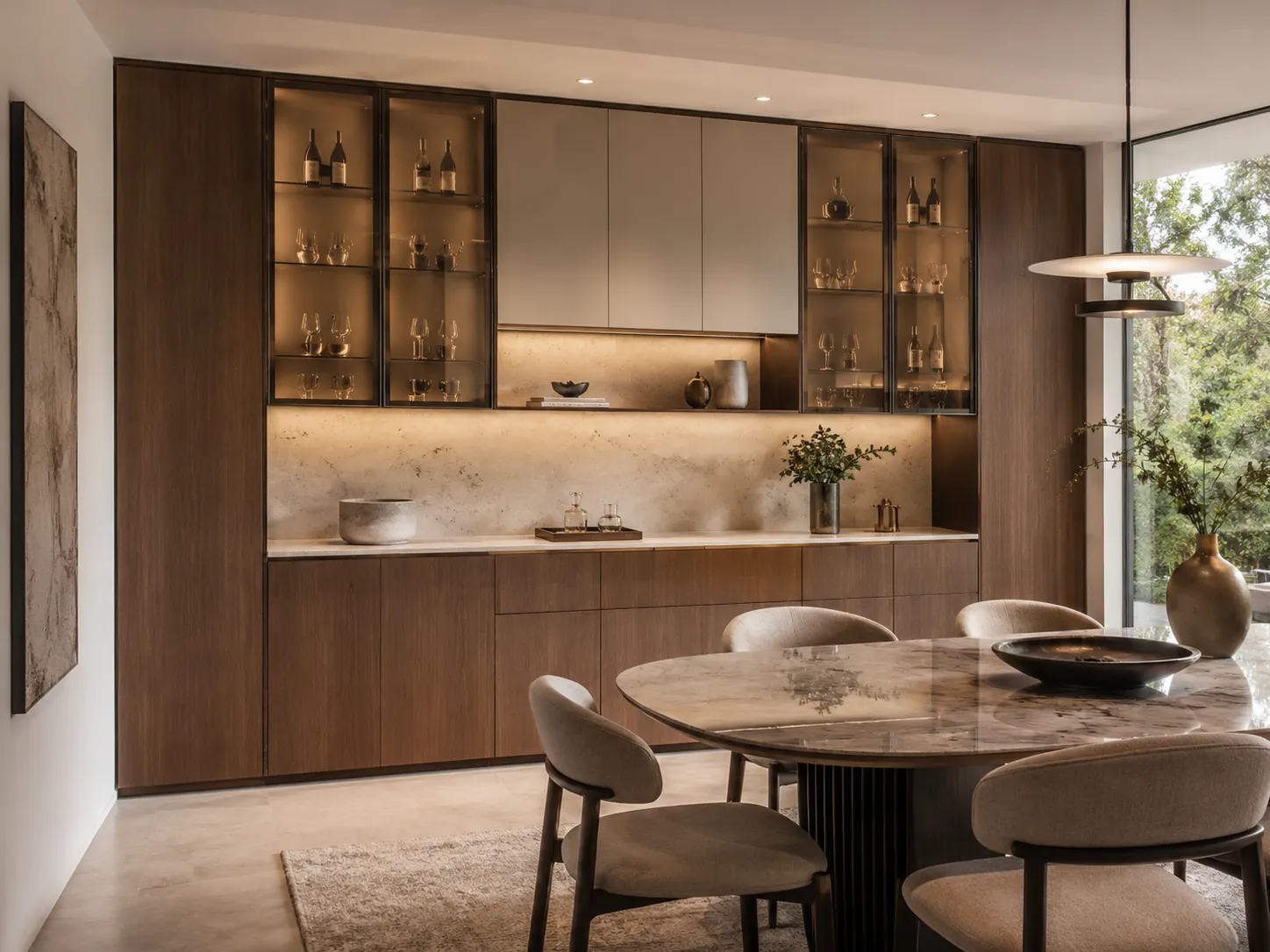 Full-wall built-in sideboard cabinet with closed storage, glass display, and a serving counter.