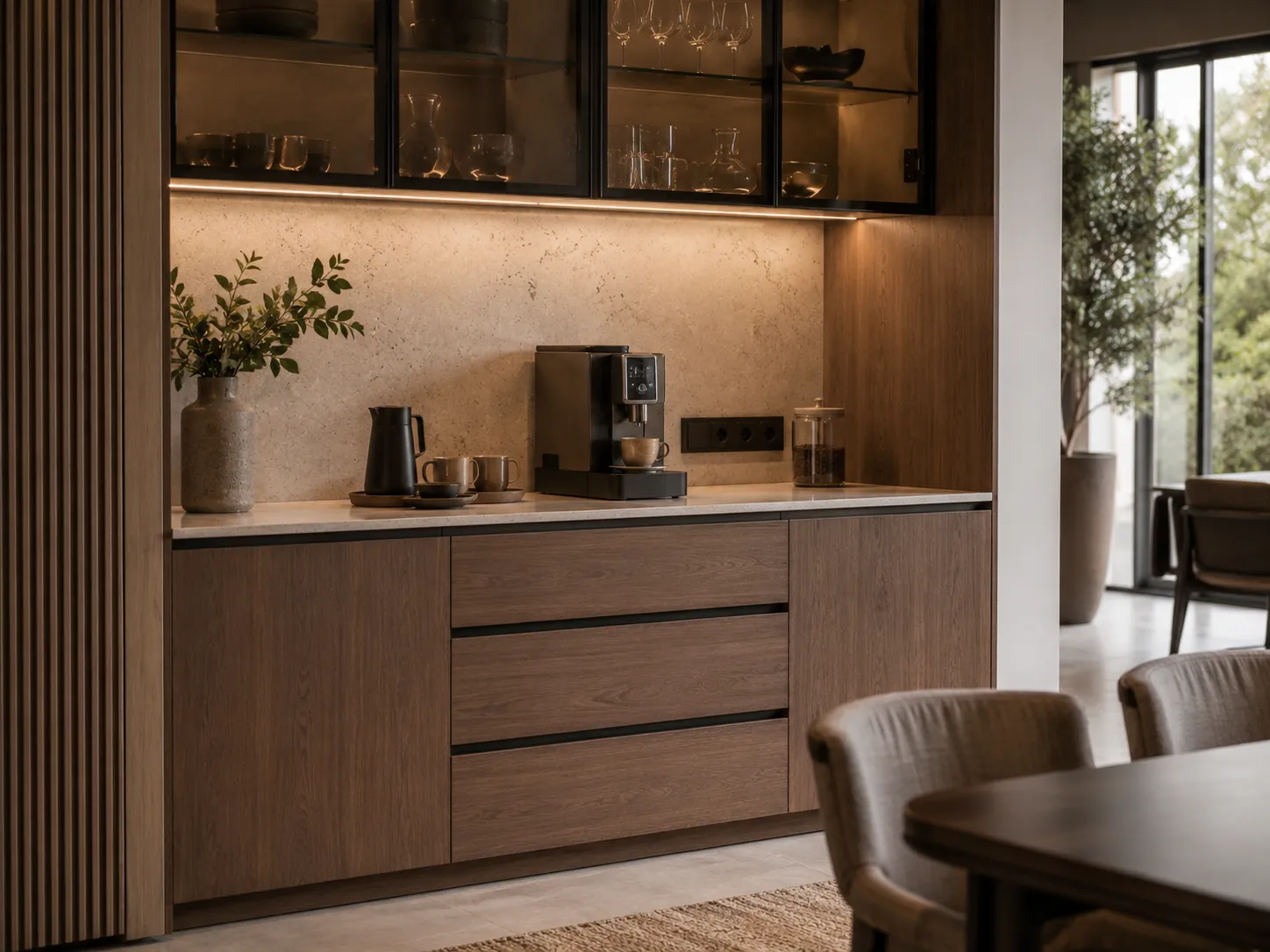 Custom sideboard cabinet with a serving counter, coffee machine, hidden sockets, drawers, and soft lighting.